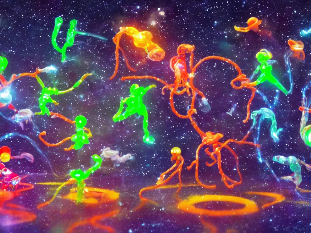 Prompt: a hyperrealistic portrait of ninjas in space opening a bottle of glowing worms and drinking fluorescent liquid , tilt shift, 8k