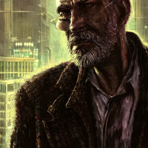 Image similar to cyberpunk, closeup portrait of a shaggy old cyberpunk fence, bald, tired eyes, tattered tweed jacket, dramatic light, city background, sunset, dystopian setting, high contrast, sharp, neuromancer, the finn, painted by stanley lau, painted by greg rutkowski, painted by stanley artgerm, digital art, trending on artstation