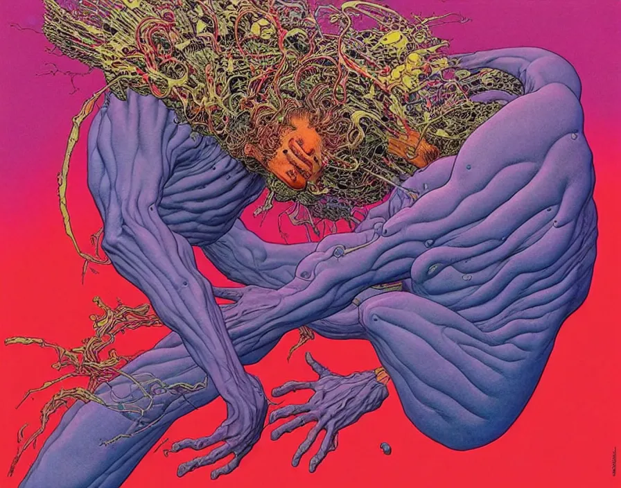 Image similar to ( ( ( ( the fear ) ) ) ) by mœbius!!!!!!!!!!!!!!!!!!!!!!!!!!!, overdetailed art, colorful, artistic record jacket design