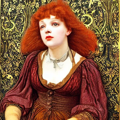 Prompt: masterpiece of intricately detailed preraphaelite photography portrait face hybrid of philippa perry and judy garland, sat down in train aile, inside a beautiful underwater train to atlantis, betty page fringe, medieval dress yellow ochre, by william morris ford madox brown william powell frith frederic leighton john william waterhouse hildebrandt