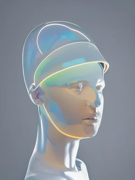 Image similar to an ultra high definition professional studio quality photograph of a transparent iridescent perspex pastel coloured face visor on a white sculpture of a human form in an empty white room. dramatic lighting, ray tracing, refraction, shallow d. o. f, colour corrected, golden ratio, three point light. volumetric shadows. light rays.