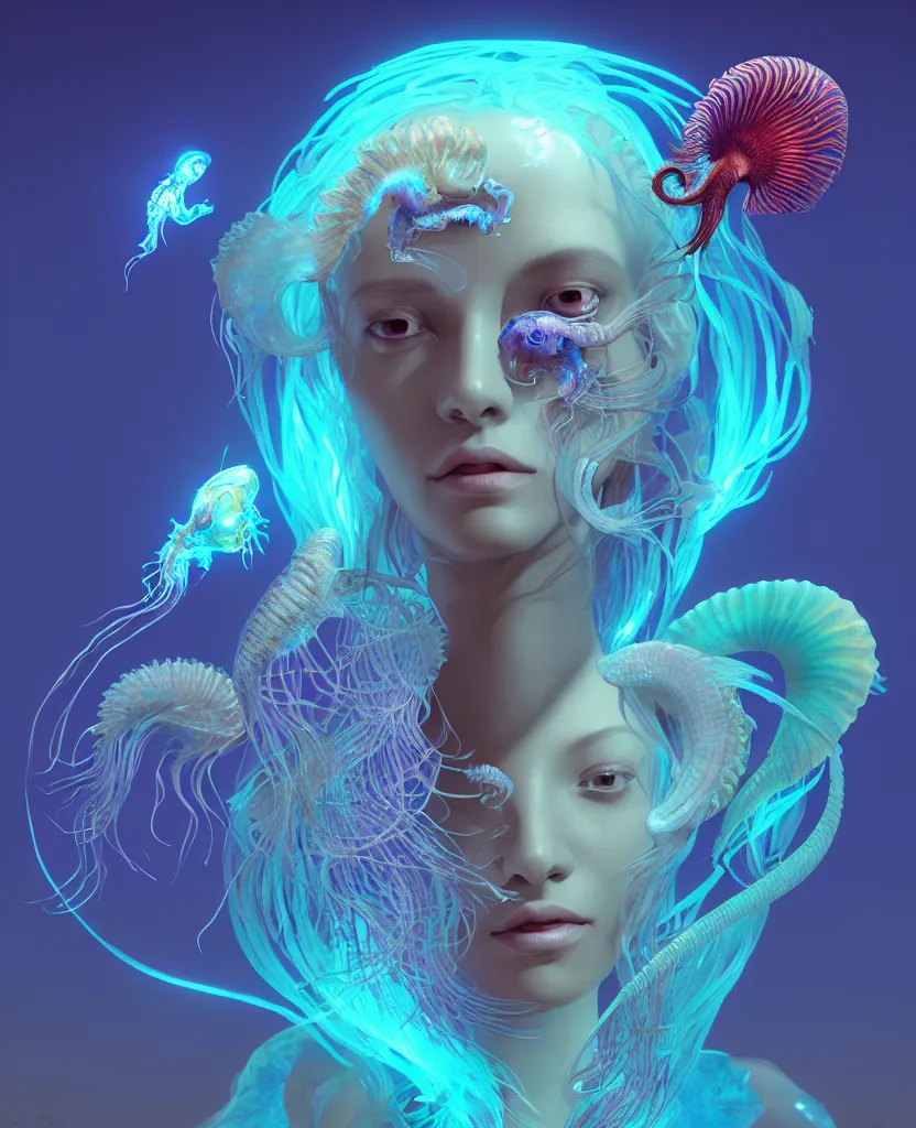 Image similar to goddess close-up portrait. chimera orchid jellyfish phoenix head, nautilus, skull, betta fish, bioluminiscent creatures, intricate artwork by Tooth Wu and wlop and beeple. octane render, trending on artstation, greg rutkowski very coherent symmetrical artwork. cinematic, hyper realism, high detail, octane render, 8k