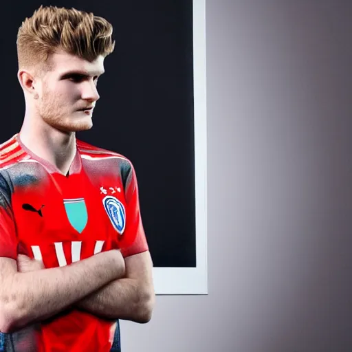 Image similar to a realistic detailed photo of a guy who is an attractive humanoid who is half robot and half humanoid, who is a male android, soccer player timo werner, shiny skin, posing like a statue, blank stare, in a living room, on display, showing off his muscles