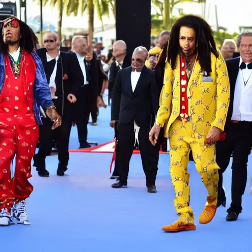 Image similar to bob Marley wearing Gucci outfit and walking on Canne festival red carpet