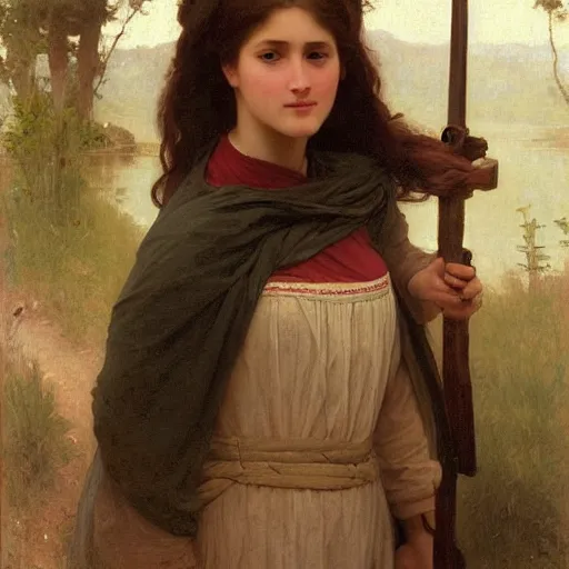 Image similar to Adolphe Bouguereau, Richard Schmid and Jeremy Lipking portrait painting of A shield-maiden (Old Norse: skjoldmø [ˈskjɑldˌmɛːz̠]) was a female warrior from Scandinavian folklore and mythology. Shield-maidens are often mentioned in sagas such as Hervarar saga ok Heiðreks and in Gesta Danorum. They also appear in stories of other Germanic peoples: Goths, Cimbri, and Marcomanni.[1] The mythical Valkyries may have been based on such shield-maidens.[