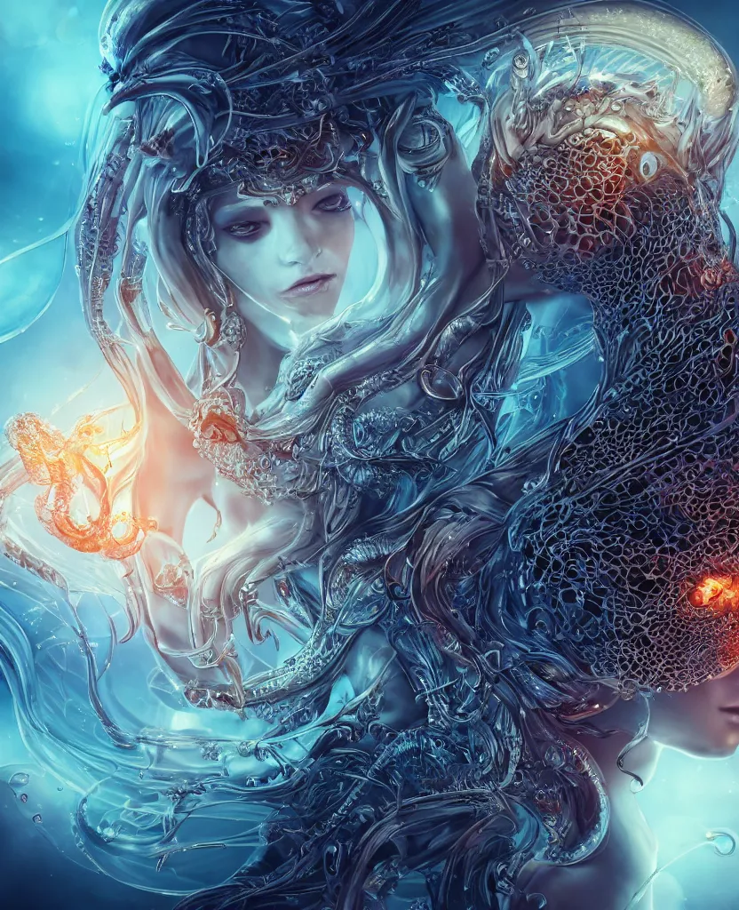 Image similar to close-up macro portrait of the face of a beautiful princess with animal skull mask, epic angle and pose, symmetrical artwork, 3d with depth of field, blurred background, cybernetic jellyfish female face skull phoenix bird, translucent, nautilus, energy flows of water and fire. a highly detailed epic cinematic concept art CG render. made in Maya, Blender and Photoshop, octane render, excellent composition, cinematic dystopian brutalist atmosphere, dynamic dramatic cinematic lighting, aesthetic, very inspirational, arthouse. y Greg Rutkowski, Ilya Kuvshinov, WLOP, Stanley Artgerm Lau, Ruan Jia and Fenghua Zhong