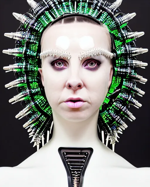 Image similar to symmetrical portrait of a biomechanical cyborg wearing a silicone steel spikes studded iridescent beauty mask and neon hair buns, wearing a black bodysuit by iris van herpen, cream white background, soft diffused light, biotechnology, humanoid robot, bjork aesthetic, translucent, by rineke dijkstra, intricate details, highly detailed, masterpiece,