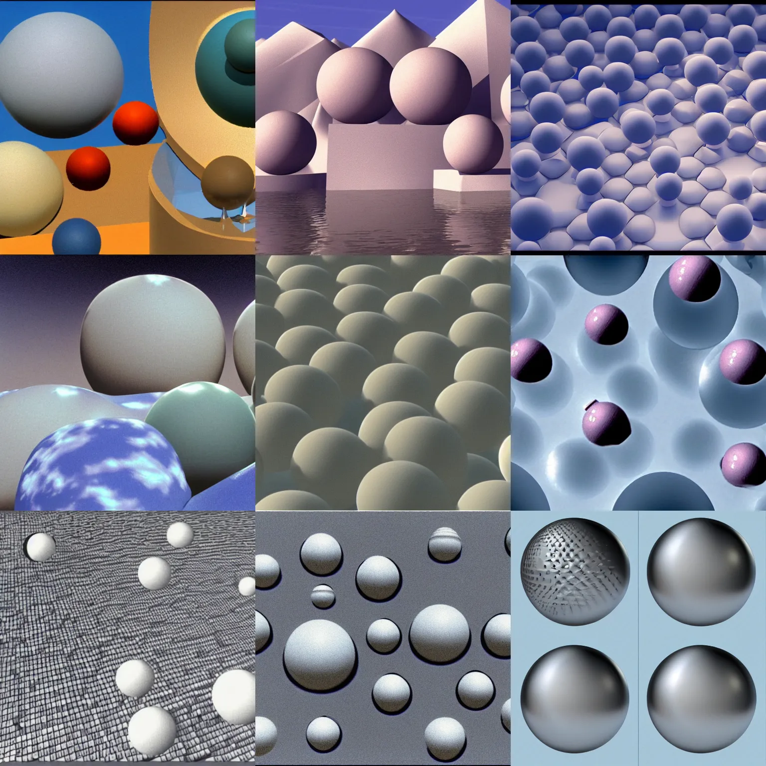 Prompt: still from a 1 9 8 5 3 d computer animation, spheres, faces, geometric shapes, statues, water, clouds