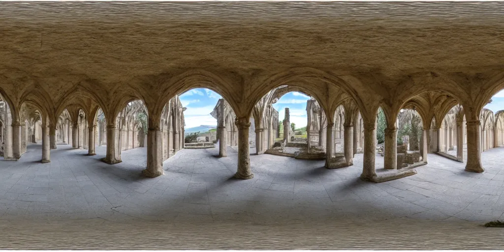 Image similar to high quality 3 6 0 ° image in equirectangular projection of a cloister of a cistercian monastery