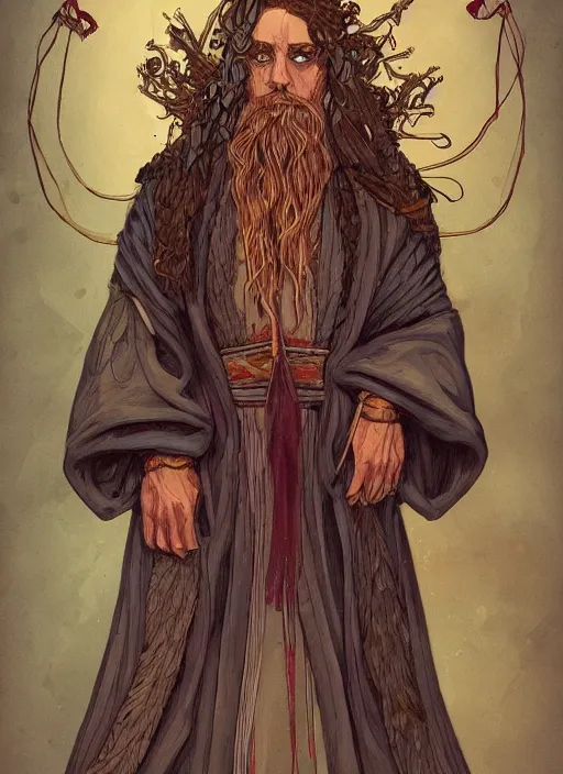 Prompt: beautiful illustration of a wizard with a robe made of ribbons of flesh, in the style abigail larsonand and sam guay, extremly detailed, trending on artstation