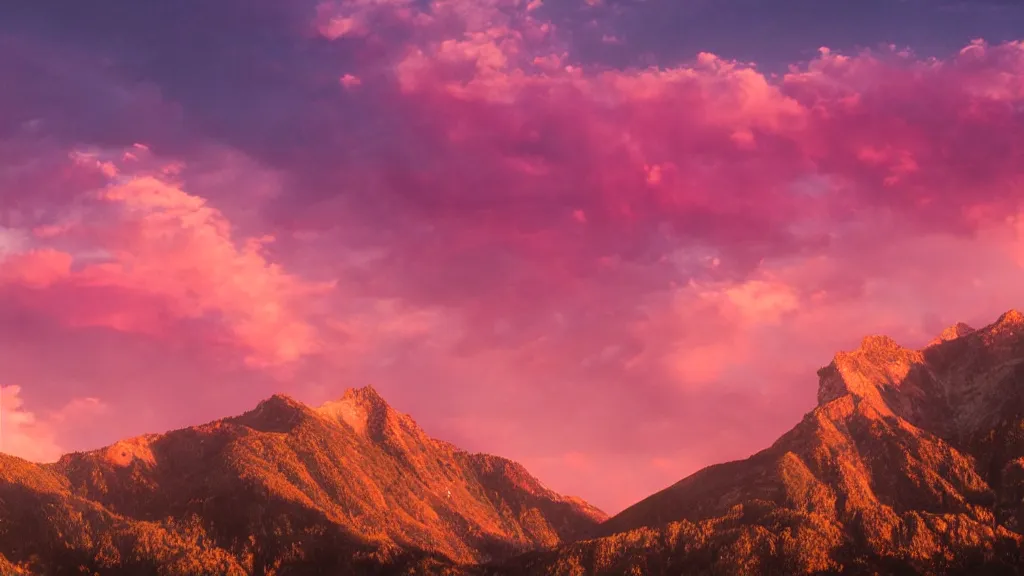 Image similar to Beautiful lush mountains under the pink clouds backlit by the sun