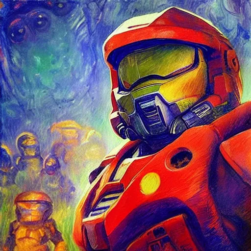 Prompt: “a vibrant impressionist painting of Master Chief from Halo holding a paint palette and paint brush, in front of a class of cute attentively listening alien monsters, in the style of monet , Trending on artstation”