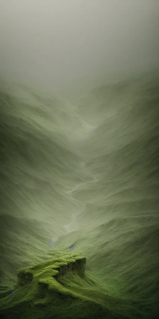 Image similar to dream looking through a hyper realistic photograph of a fertile lush canyon, minimal structure, misty, raining, icelandic valley, small stream, in the style of reuben wu, roger deakins
