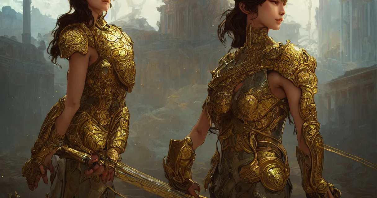 Image similar to portrait knights of zodiac girl, golden reflected armor, in ruined agora of athens, ssci - fi and fantasy, intricate and very very beautiful and elegant, highly detailed, digital painting, artstation, concept art, frostbite engine, smooth and sharp focus, illustration, art by tian zi and wlop and alphonse mucha