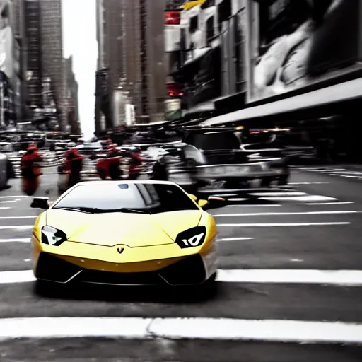 Image similar to a mushroom in a lamborghini speeding through nyc, cinematic, motion blur