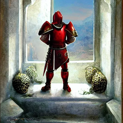 Image similar to knight, fantasy art, located in a castle, red armor, morning sunlight through the window, decorated, high quality, highly detailed,