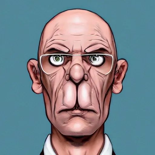 Image similar to A middle-aged Dr. Venture in real life with a hooked nose, a long gaunt face and skinny body and neck, very thin and bald, realistic, very realistic, hyperrealistic, highly detailed, very detailed, extremely detailed, detailed, digital art, oil painting, trending on artstation, headshot and bodyshot, detailed face, very detailed face, extremely detailed face, HD Quality, 8k resolution, very very detailed face, real life