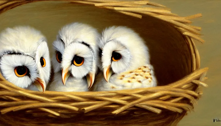 Image similar to highly detailed painting of cute furry white baby barn owls wearing shades cuddling up in a basket by william turner, thick brush strokes and visible paint layers, 4 k resolution