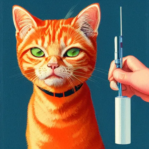 Image similar to an orange tabby cat starting at a syringe by ilya kuvshinov katsuhiro otomo