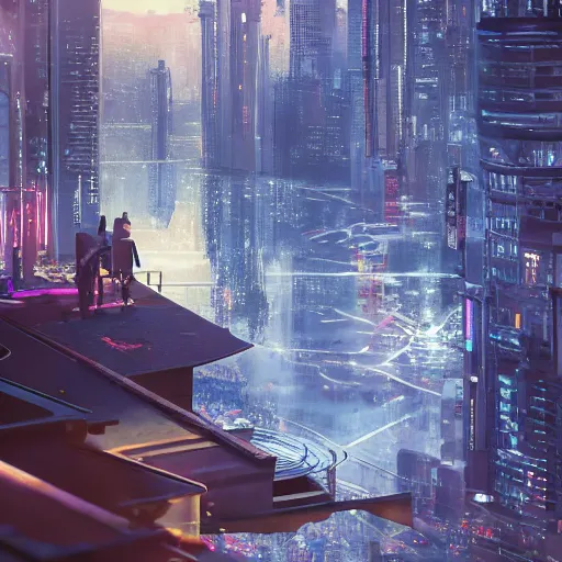 Image similar to a couple facing the desperate call of the void, futuristic cityscape, unreal 5 render, vivid colors, high detail, clear weather, studio ghibli, history painting, digital art, octane render, beautiful composition, trending on artstation, award - winning photograph, masterpiece