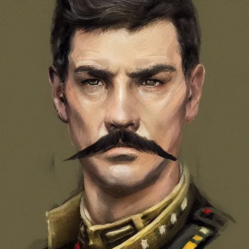 Image similar to portrait of a man by greg rutkowski, british features, short black hair in military style, moustache, perfect military composure, wearing imperial captain uniform, star wars expanded universe, he is about 4 0 years old, highly detailed portrait, digital painting, artstation, concept art, smooth, sharp foccus ilustration, artstation hq