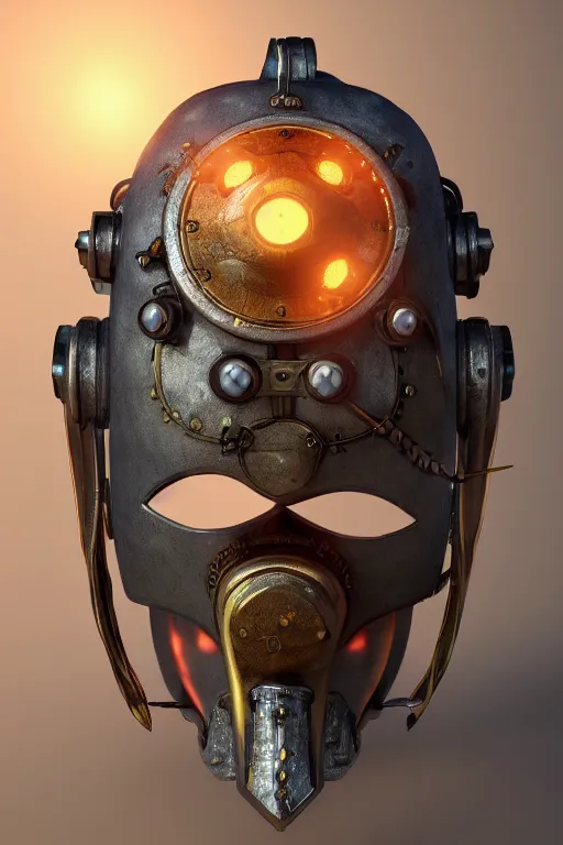 Image similar to steampunk mask minimalist fantasy art robot ninja helmet, global illumination ray tracing hdr fanart arstation by sung choi and eric pfeiffer and gabriel garza and casper konefal radiating a glowing aura