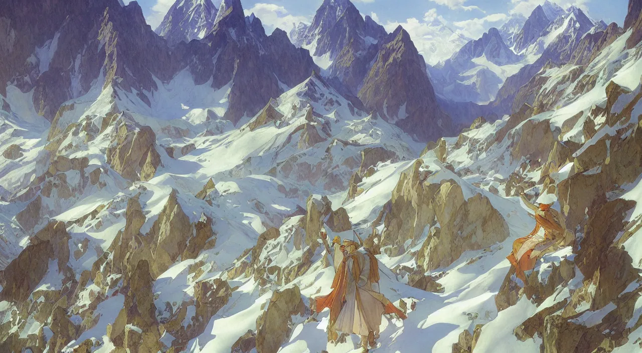 Prompt: A beautiful landscape painting of the swiss alps by Alfons Maria Mucha and Julie Dillon and Makoto Shinkai