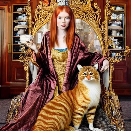 Prompt: a stunning hyper-detailed photo of a slender beautiful woman with straight long ginger hair and bangs, wearing a luxurious silk robe and retro eyeglasses and a jeweled gold crown, posing with her large ginger tabby cat and raccoon and parrots on an elaborate throne in her high-ceiling Victorian living room, holding a porcelain parrot-shaped coffee mug and a donut, perfect eyes, fashion photography, dramatic cinematic lighting, octane render, IBEX Masters, unreal engine, 85 mm lens, paisley wallpaper