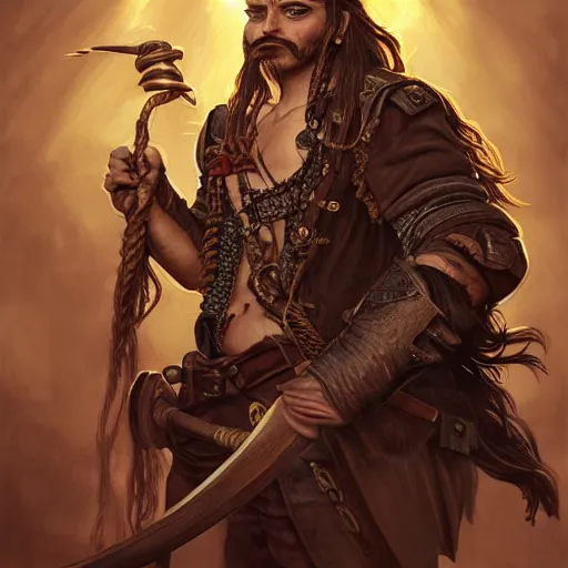 Image similar to portrait of a boar pirate with tusks, male, handsome, masculine, full body, red hair, long hair, soft hair, fantasy, intricate, elegant, highly detailed, steampunk, airship, digital painting, artstation, concept art, character art, smooth, sharp focus, illustration, art by artgerm and greg rutkowski and alphonse mucha