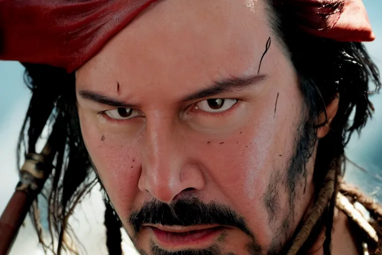 Image similar to promotional image of Keanu Reeves as a pirate in Pirates of the Caribbean: The Curse of the Black Pearl (2003 film), detailed face, movie still, promotional image, imax 70 mm footage