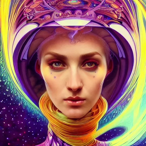 Image similar to Psychedelic Portrait of very very very very very very beautiful woman, spacesuit, purple eyes, intricate, elegant, highly detailed, trippy, dmt, digital painting, artstation, concept art, smooth, sharp focus, illustration, art by artgerm and greg rutkowski and alphonse mucha