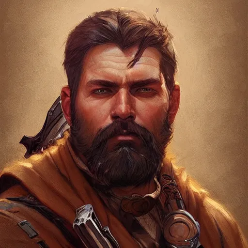 Prompt: bearded gunslinger, painted fantasy character portrait, headshot, fantasy, highly detailed, digital painting, artstation, concept art, sharp focus, illustration, art by artgerm and greg rutkowski and alphonse mucha