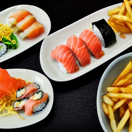 Prompt: sushi poutine, quebec speciality dish, french fries and gravy, salmon and avocado, restaurant menu photo, 4 k, super realistic food picture