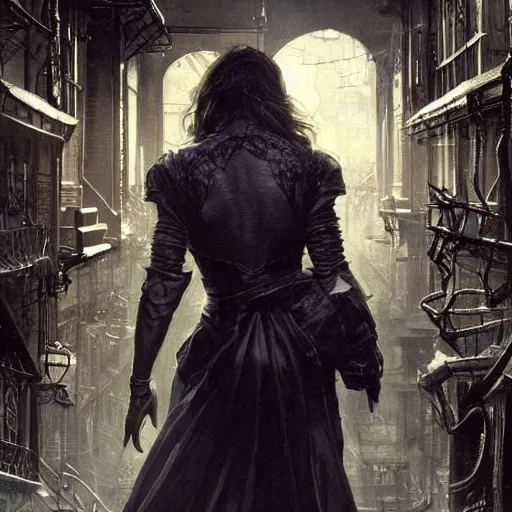 Image similar to back view of kate beckinsale as investigiator walking down street in arkham town, female, detailed face, gorgeous, amazing, new england architecture, 1 9 2 0 style, intricate, highly detailed, musculine, lovecraft illustration, painting by gaston bussiere, craig mullins