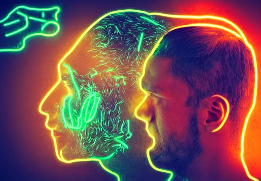 Prompt: a ultra realistic photograph of a man's head being melted with neon honey