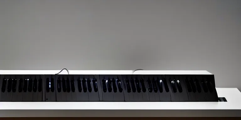 Prompt: dezeen showroom , minimalissimo, archdaily, ignant, teenage engineering moad, mother of all decks, product design concept, product shot of moog melotron juno synthesizer made by jony ives , love hulten, dieter rams, 8k, high detailed photo