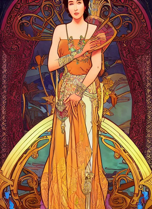 Image similar to well - lit art nouveau portrait of queen sirikrit of thailand, winatural lighting, path traced, real face, thai elegant traditional costume, highly detailed, high quality, cartoon, digital painting, by don bluth and ross tran and studio ghibli and alphonse mucha