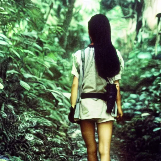 Image similar to japanese version of emma watson, walking through vietnam jungle, portrait, close up, award winning, kodak ektachrome expired blue tint,