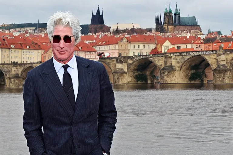 Image similar to richard gere plays iron man, flies over charles bridge in prague