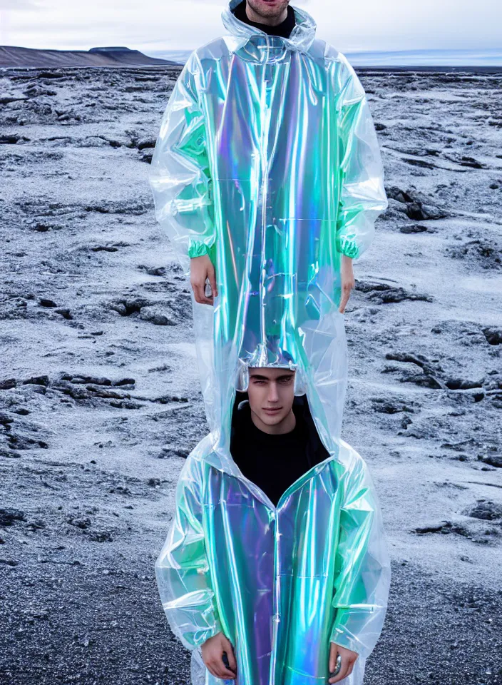 Prompt: an ultra high definition professional studio quality photograph of a single android influencer with silver skin wearing a transparent iridescent pastel coloured visor and matching wavey raincoat on white hook in a sheer icelandic black rock environment. three point light. dramatic lighting. volumetric shadows. light rays