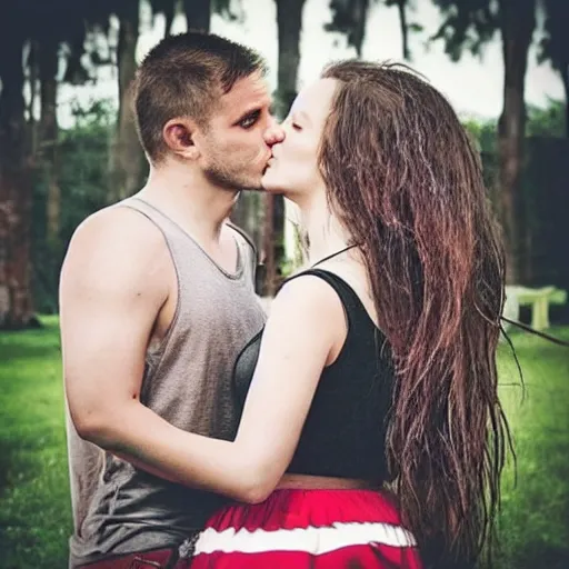 Image similar to Instagram post, creepy couple kissing