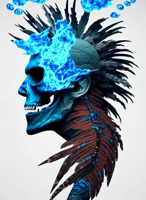 Prompt: 3 d shaman with tattoos profile portrait, sigma 5 0 0 mm f / 5. beautiful intricate highly detailed quetzalcoatl skull and feathers. bioluminescent, plasma, lava, ice, water, wind, creature, thunderstorm! artwork by tooth wu and wlop and beeple and greg rutkowski, 8 k trending on artstation,