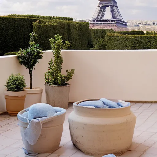 Prompt: clay pot on balcony overlooking paris eiffel tower, light pastel blue sky and clouds in the background, softly - lit, soft - warm, zen, light, modern minimalist f 2 0 clean