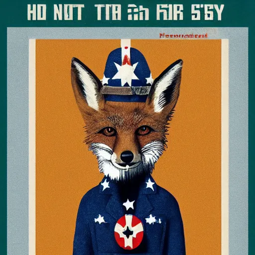 Prompt: fox animal dressed as a soldier in the style of a patriotic propaganda poster