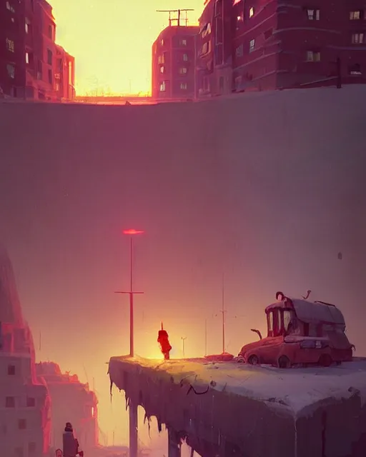 Image similar to a beautiful painting of apocalyptic soviet ruined city, by simon stalenhag, cory loftis, james gilleard, atey ghailan, rim light, exquisite lighting, clear focus, very coherent, plain background, soft painting