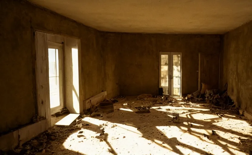 Prompt: photo of the interior of a house built on nothing and something for the nothing underneath, scene from being john malcovich film directed by charlie kaufman ( 2 0 0 1 ), moody cinematography and lighting, 2 4 mm anamorphic lens