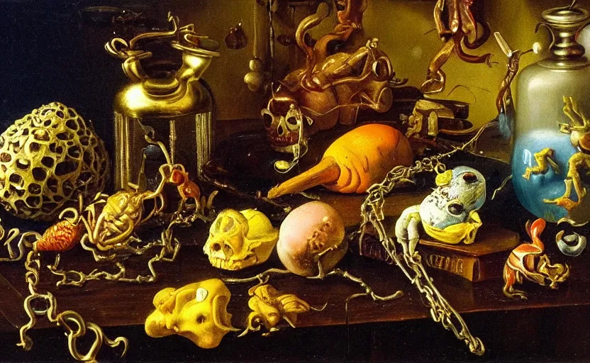 Image similar to disturbing colorful oil painting dutch golden age vanitas still life with bizarre objects strange gooey surfaces shiny metal bizarre insects rachel ruysch dali todd schorr very detailed perfect composition rule of thirds masterpiece canon 5 0 mm, cinematic lighting, photography, retro, film, kodachrome