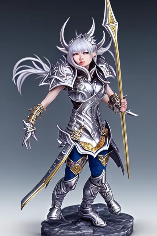 Prompt: sakimi chan, standing, detailed face, silver fantasy armor with gold filagree, detailed face, tony sart