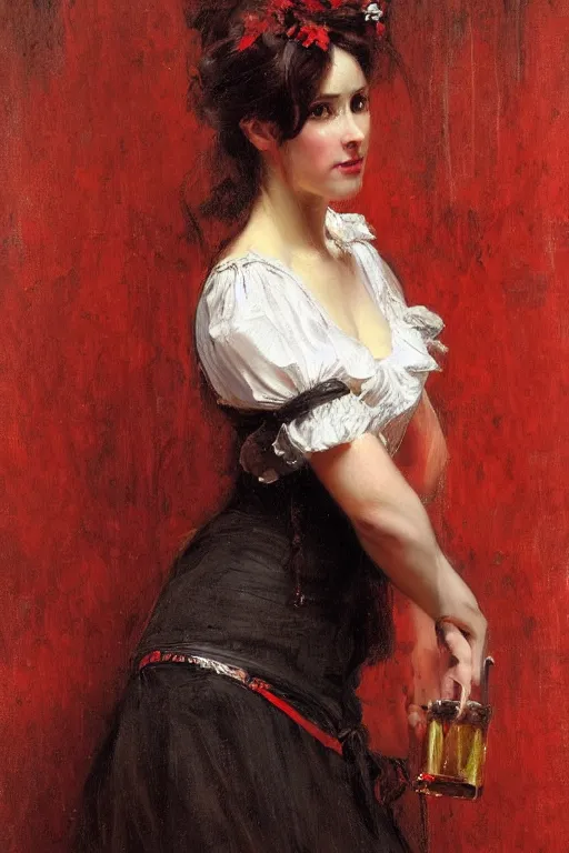 Image similar to Richard S. Johnson and Solomon Joseph Solomon and Richard Schmid and Jeremy Lipking victorian genre painting full length portrait painting of a young beautiful woman traditional german french barmaid in fantasy costume, red background