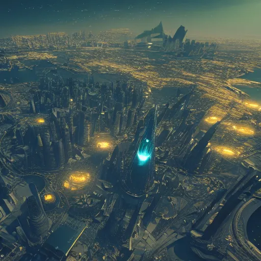 Prompt: a view from space of a golden fantasy sci fi luxurious city with cerulean oceansides, scandinavian / norse influenced, cinematic, ray traced, octane render, cinematic lighting, ultrarealistic, featured on artstation, 8 k uhd artwork